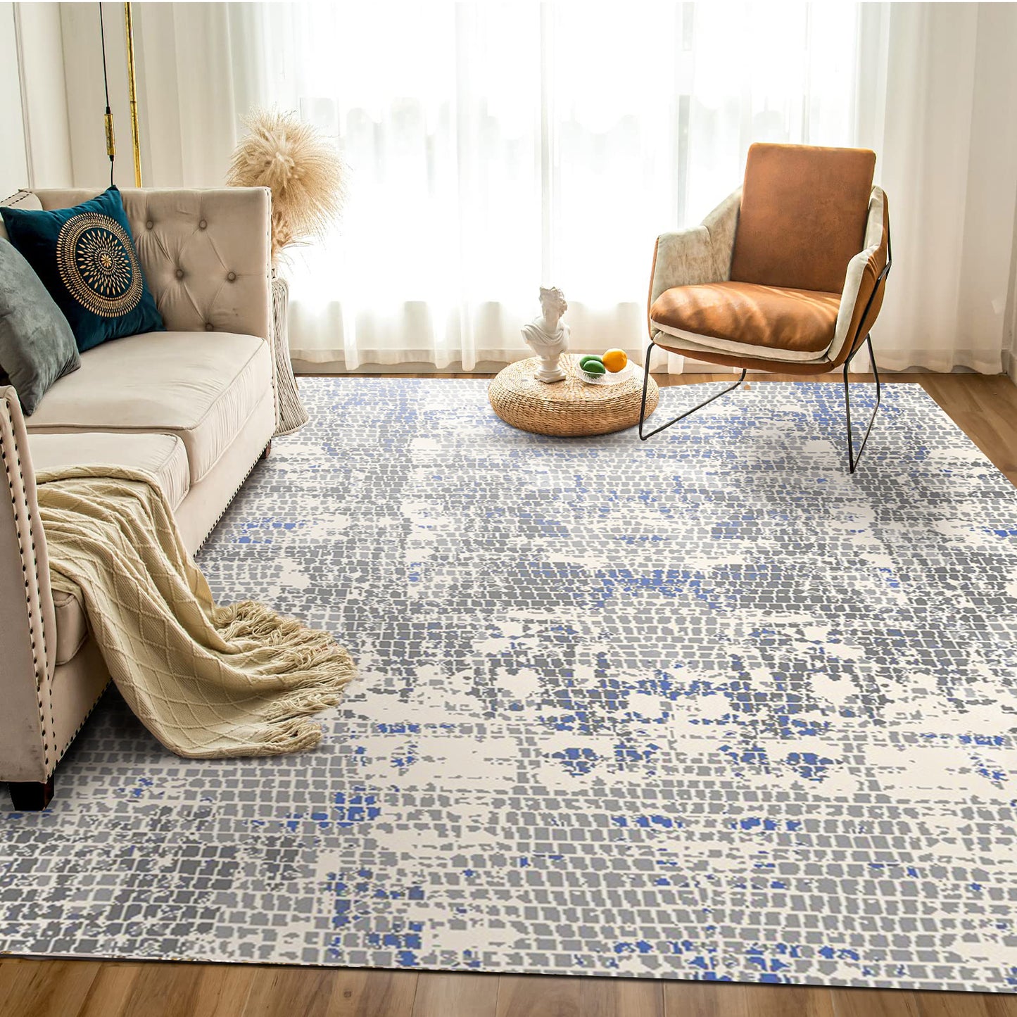 Modern Grey Rectangular Carpet with Navy Accents - Art World Gallery