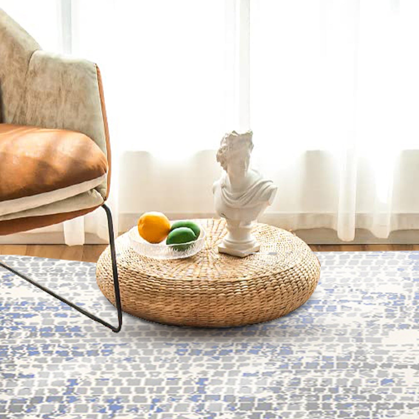 Modern Grey Rectangular Carpet with Navy Accents - Art World Gallery