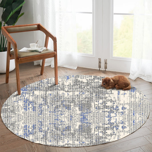 Modern Grey Round Carpet with Navy Accents - Art World Gallery