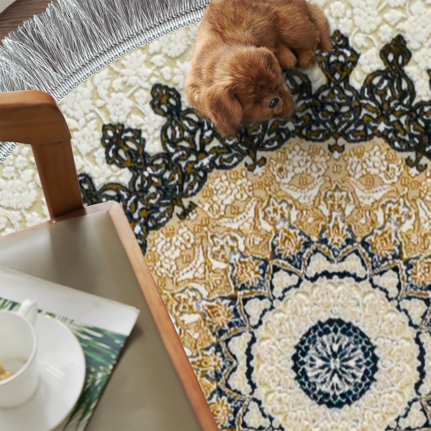 Sadra White – Round Classic Iranian First Class Rug with Beige and Olive Accents - Art World Gallery