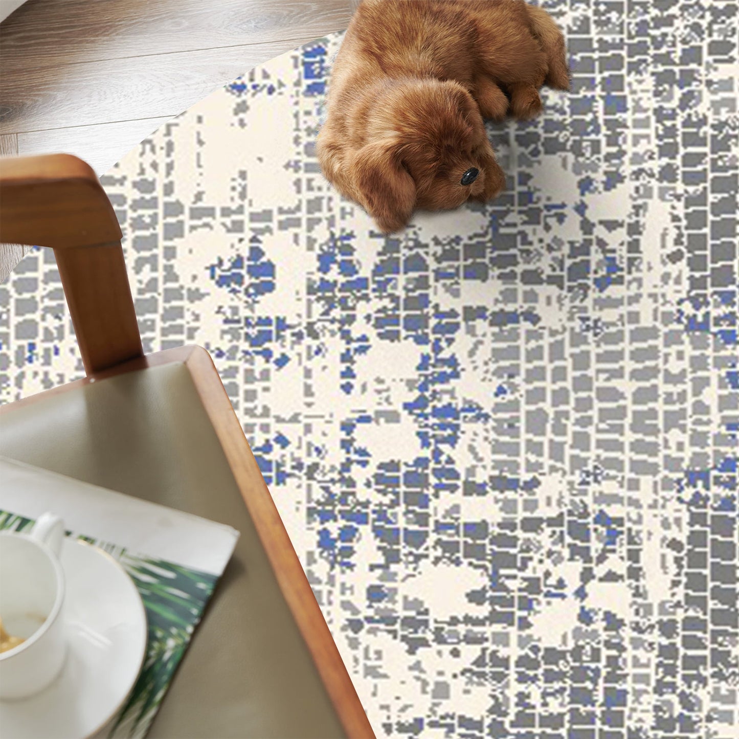 Modern Grey Round Carpet with Navy Accents - Art World Gallery