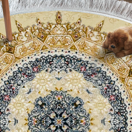 Haliwood Cream Round Rug – Classic Iranian Elegance with Intricate Golden Patterns - Art World Gallery