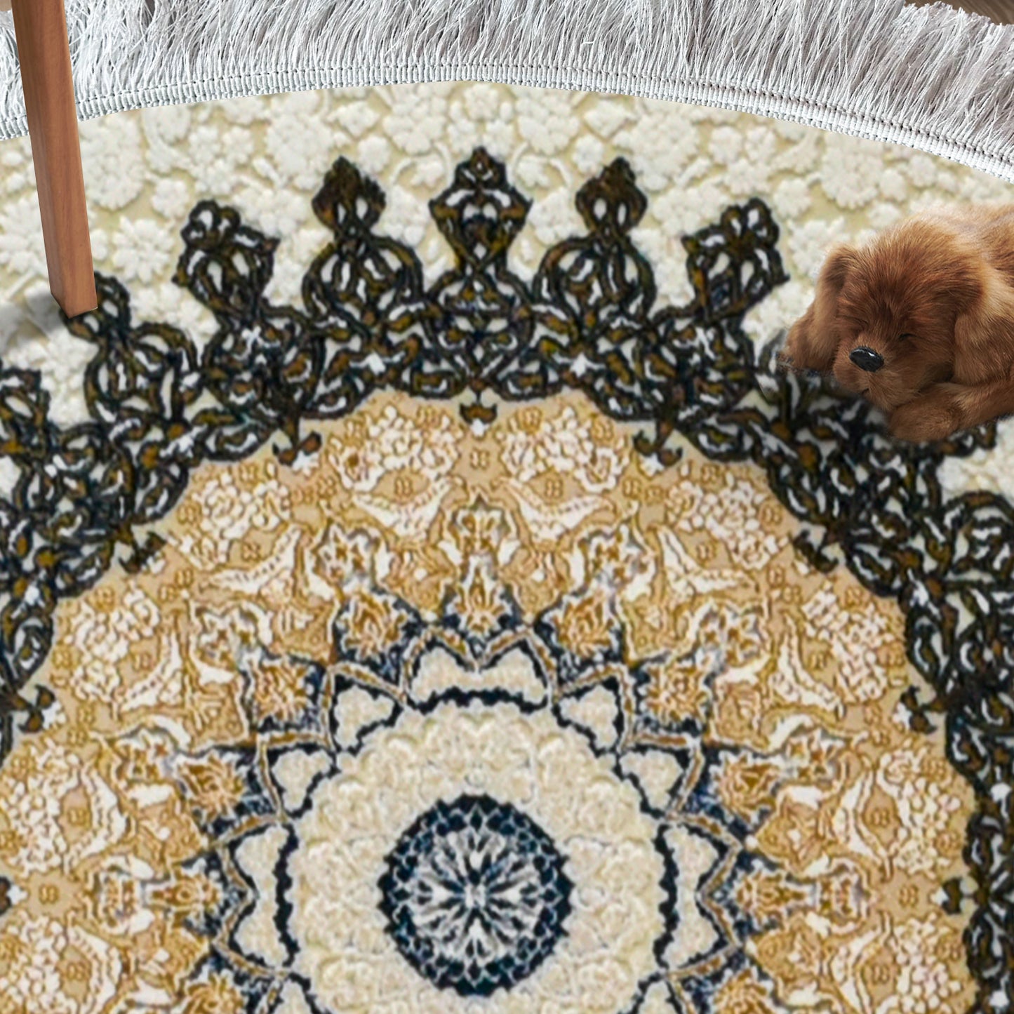 Sadra White – Round Classic Iranian First Class Rug with Beige and Olive Accents - Art World Gallery