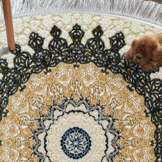 Sadra White – Round Classic Iranian First Class Rug with Beige and Olive Accents - Art World Gallery