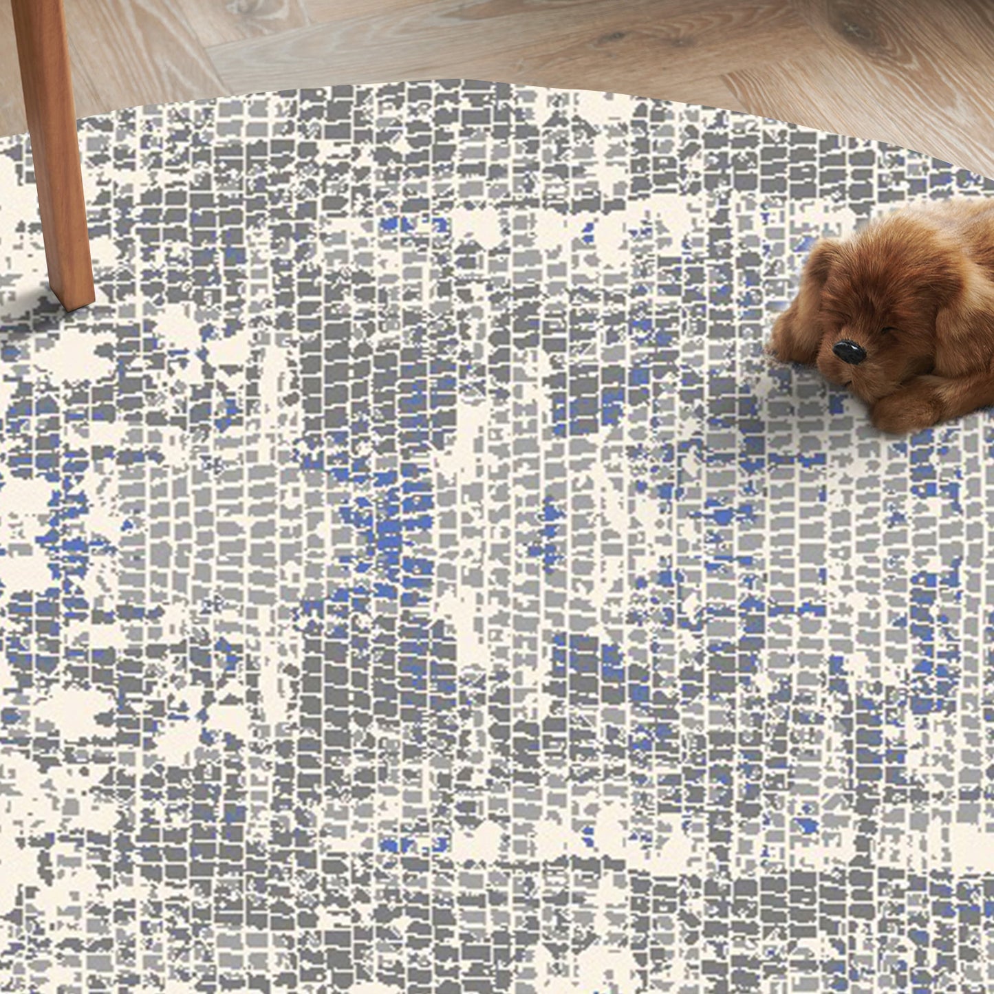 Modern Grey Round Carpet with Navy Accents - Art World Gallery