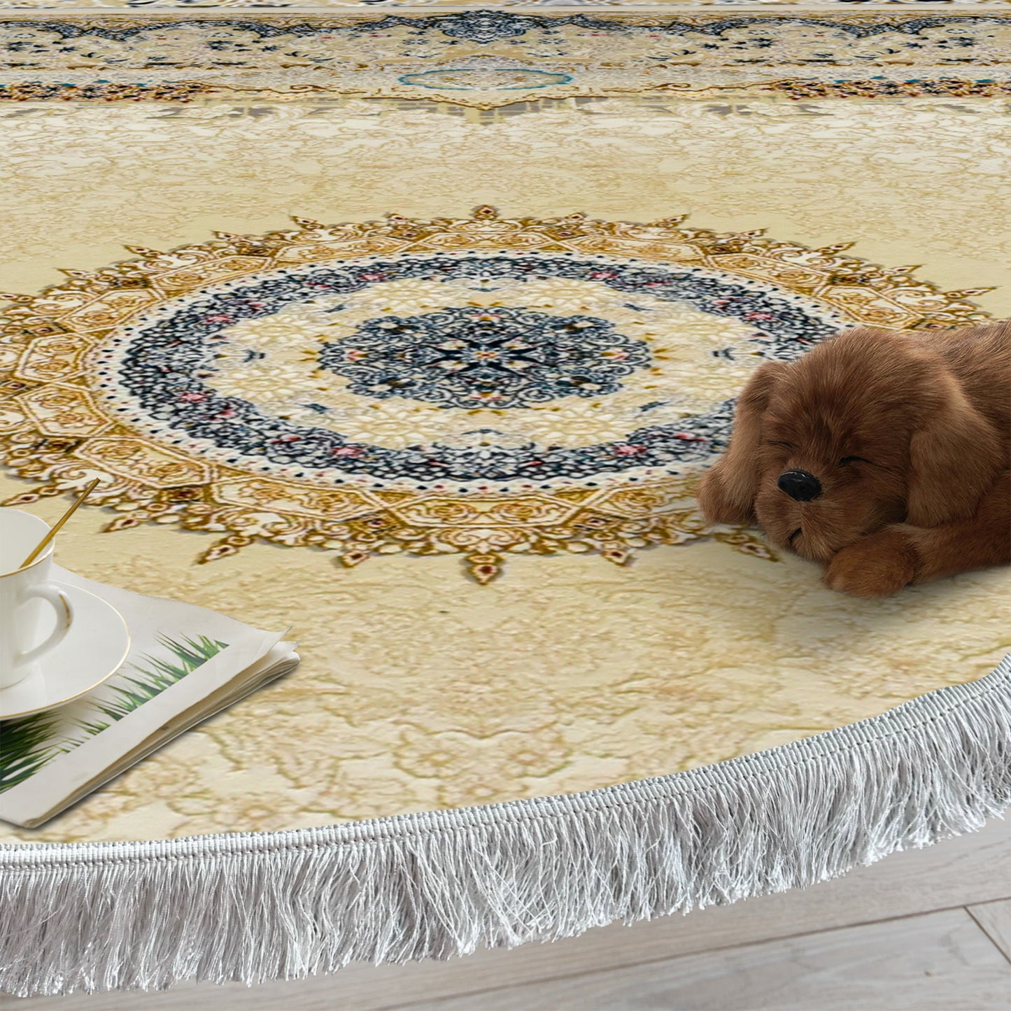 Haliwood Cream Round Rug – Classic Iranian Elegance with Intricate Golden Patterns - Art World Gallery