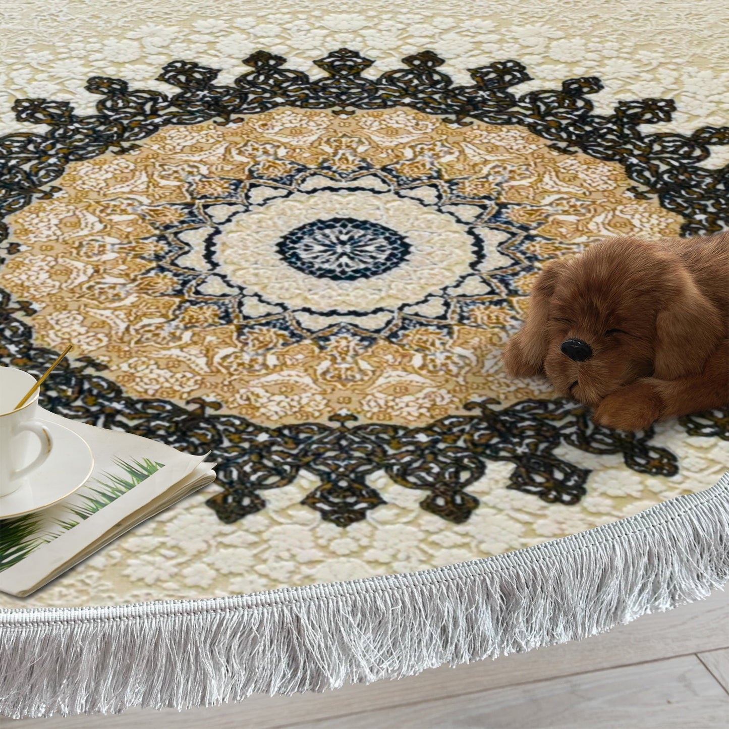 Sadra White – Round Classic Iranian First Class Rug with Beige and Olive Accents - Art World Gallery