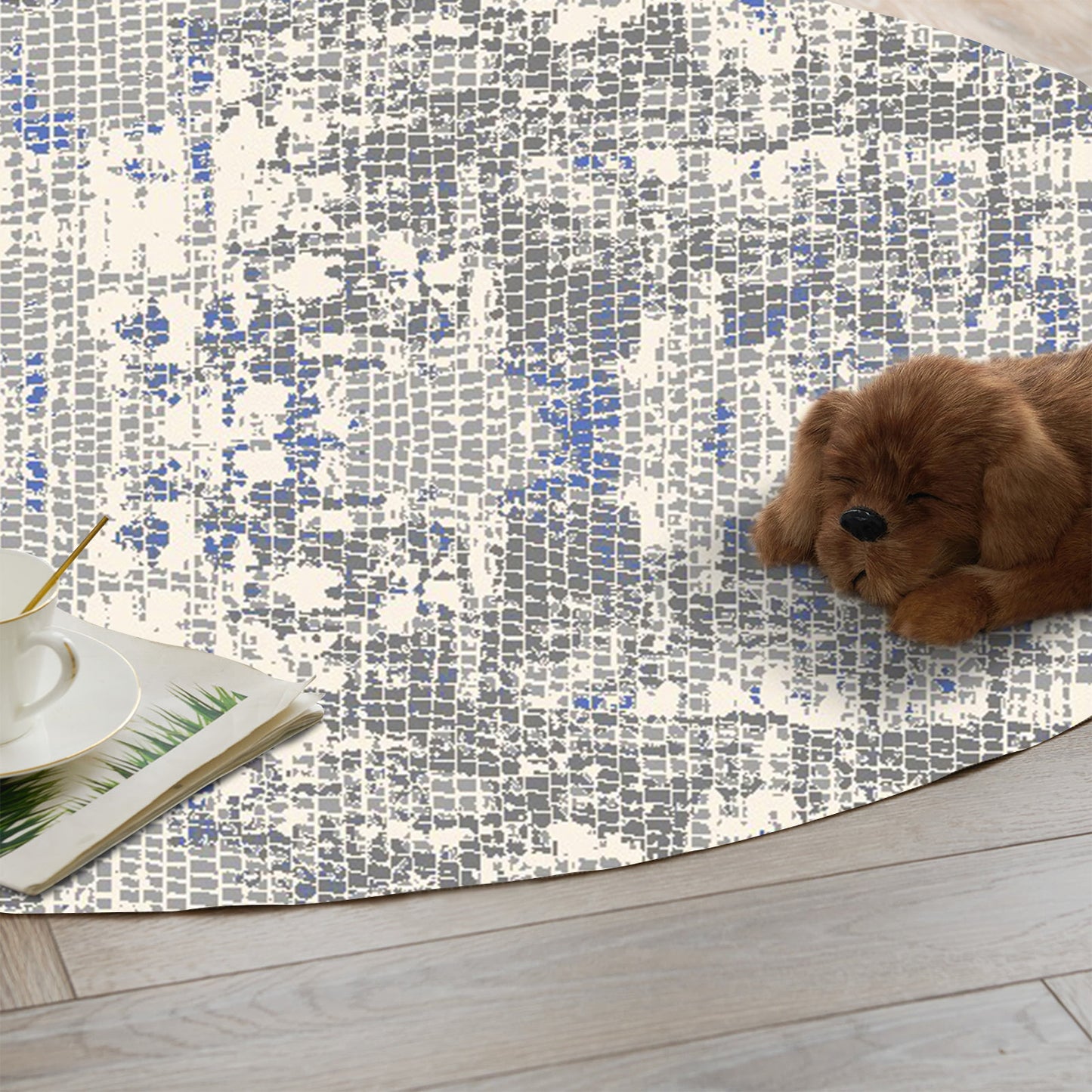 Modern Grey Round Carpet with Navy Accents - Art World Gallery