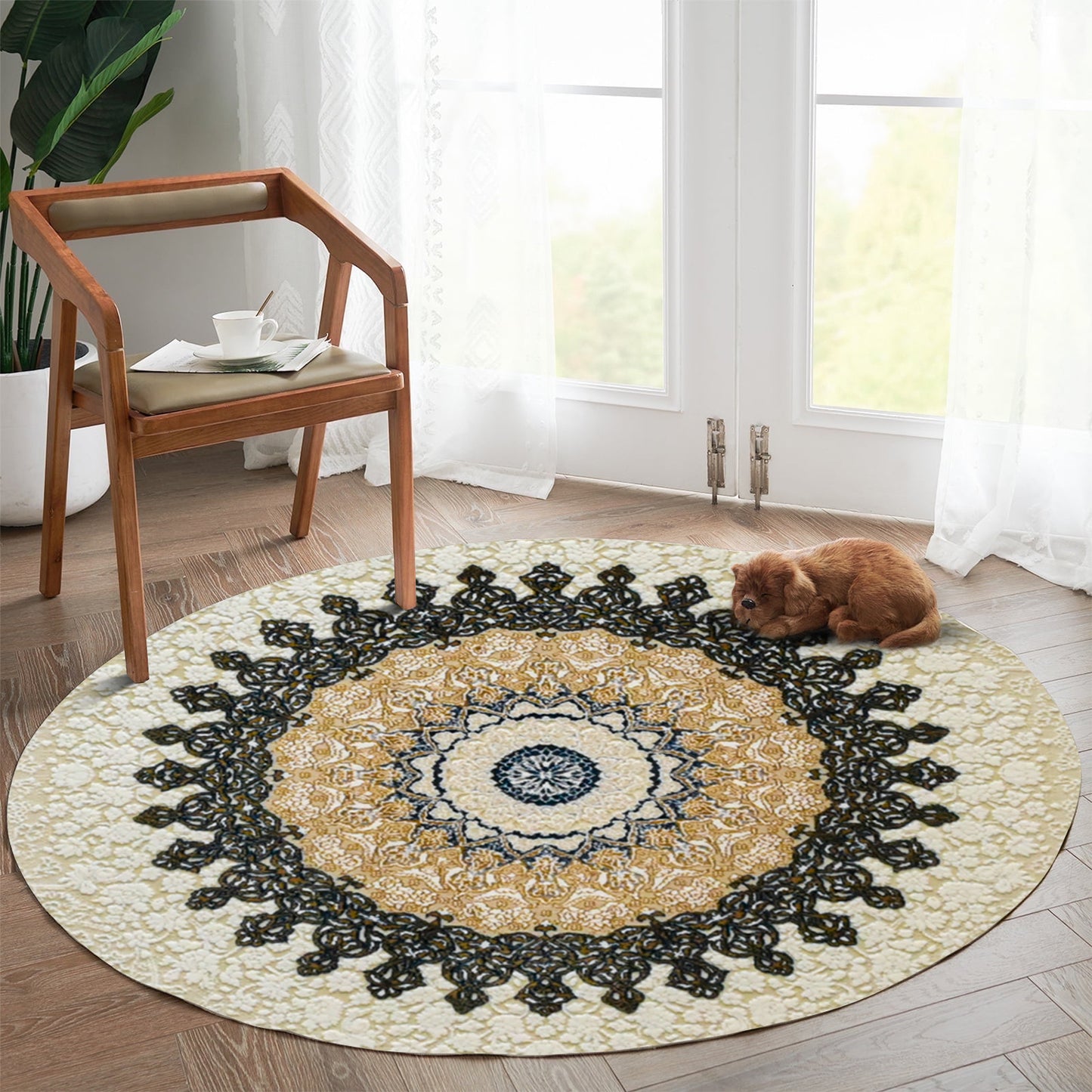 Sadra White – Round Classic Iranian First Class Rug with Beige and Olive Accents - Art World Gallery