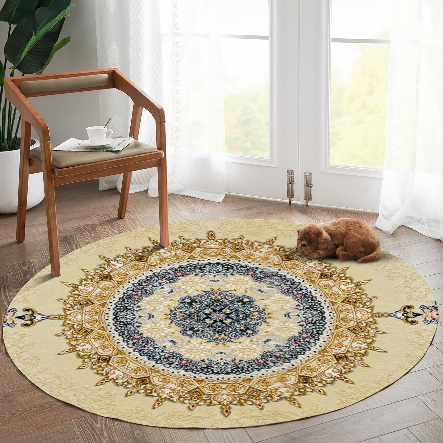 Haliwood Cream Round Rug – Classic Iranian Elegance with Intricate Golden Patterns - Art World Gallery