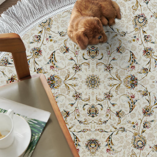 Afshari White Round Rug – Classic Iranian Elegance with Beige Accents - Art World Gallery