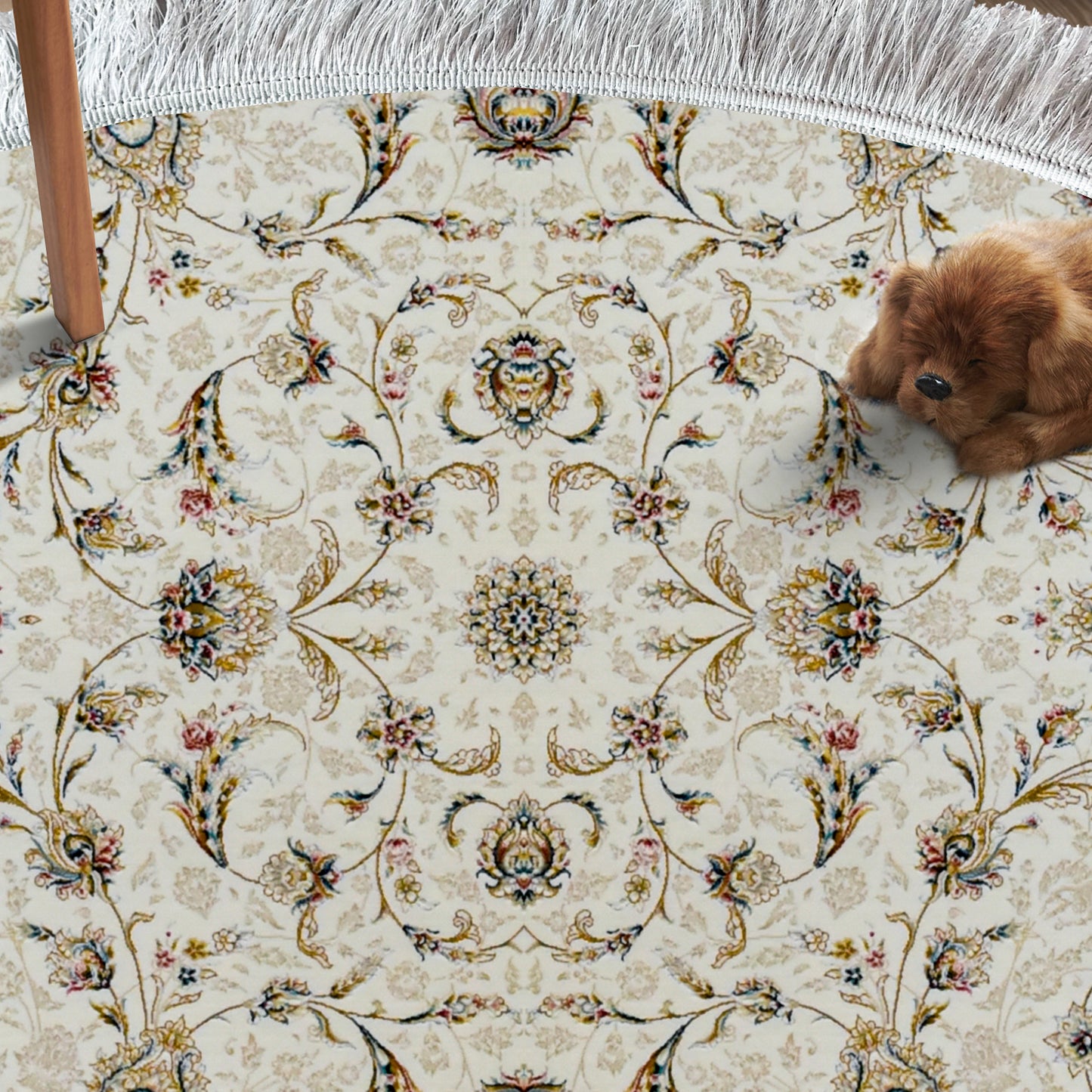 Afshari White Round Rug – Classic Iranian Elegance with Beige Accents - Art World Gallery