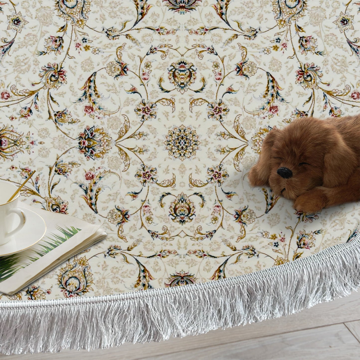 Afshari White Round Rug – Classic Iranian Elegance with Beige Accents - Art World Gallery