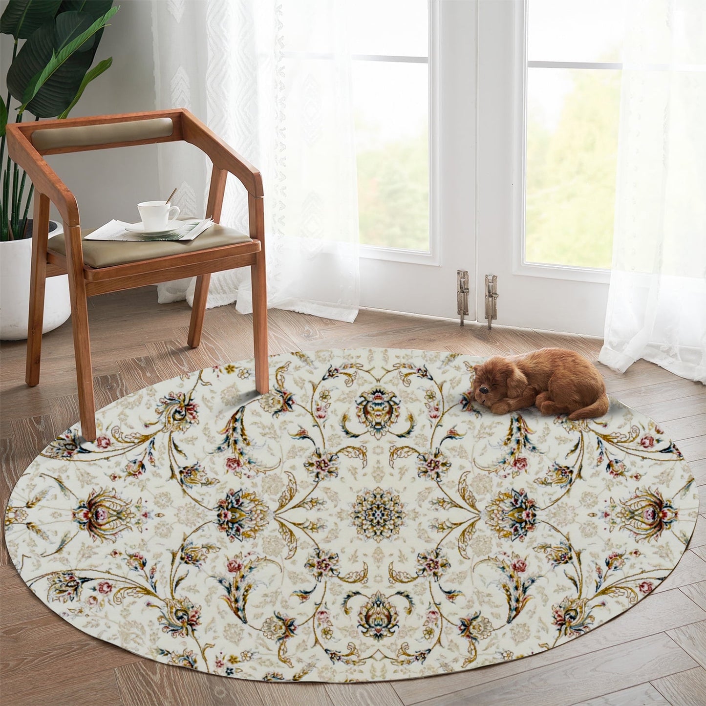 Afshari White Round Rug – Classic Iranian Elegance with Beige Accents - Art World Gallery