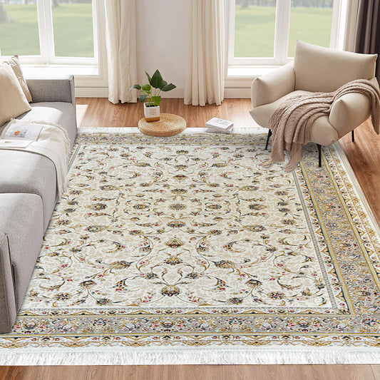 Afshari White Rug – Classic Iranian Elegance with Beige Accents - Art World Gallery