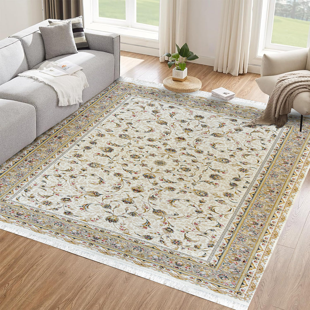 Afshari White Rug – Classic Iranian Elegance with Beige Accents - Art World Gallery