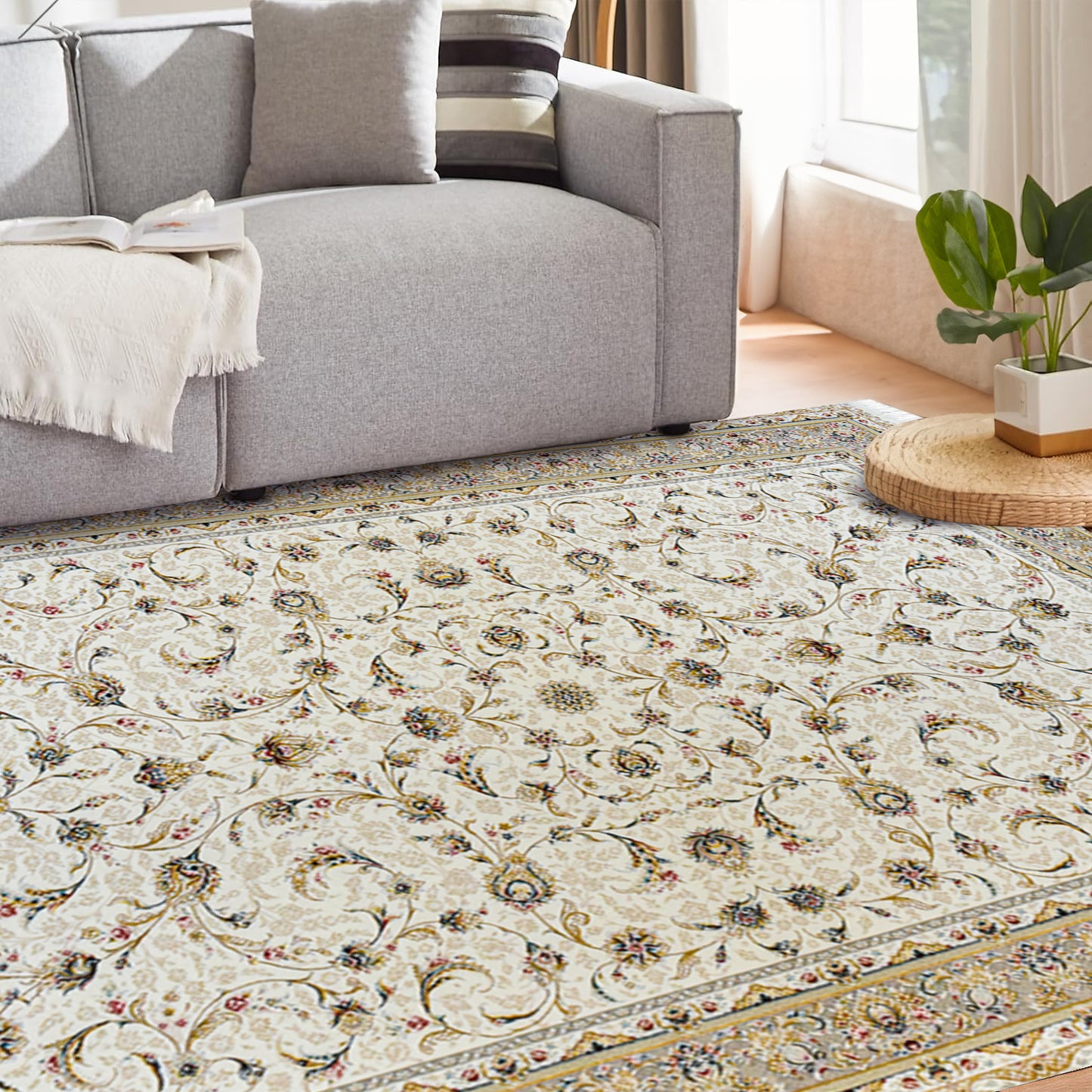 Afshari White Rug – Classic Iranian Elegance with Beige Accents - Art World Gallery