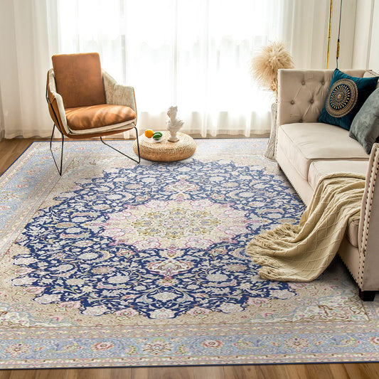 Contemporary Silk Rug – Classic Elegance in Blue & Beige - Art World Gallery