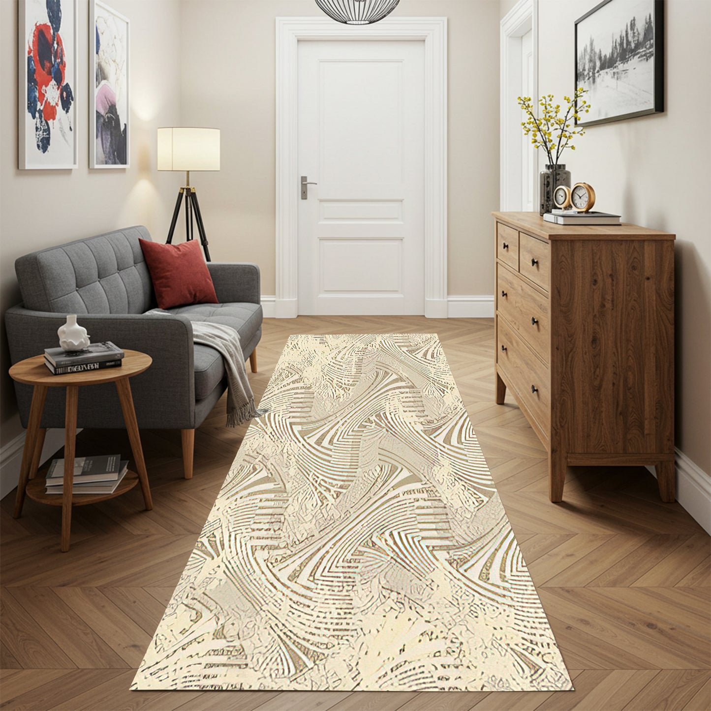 Modern Golden Beige Runner - Art World Gallery