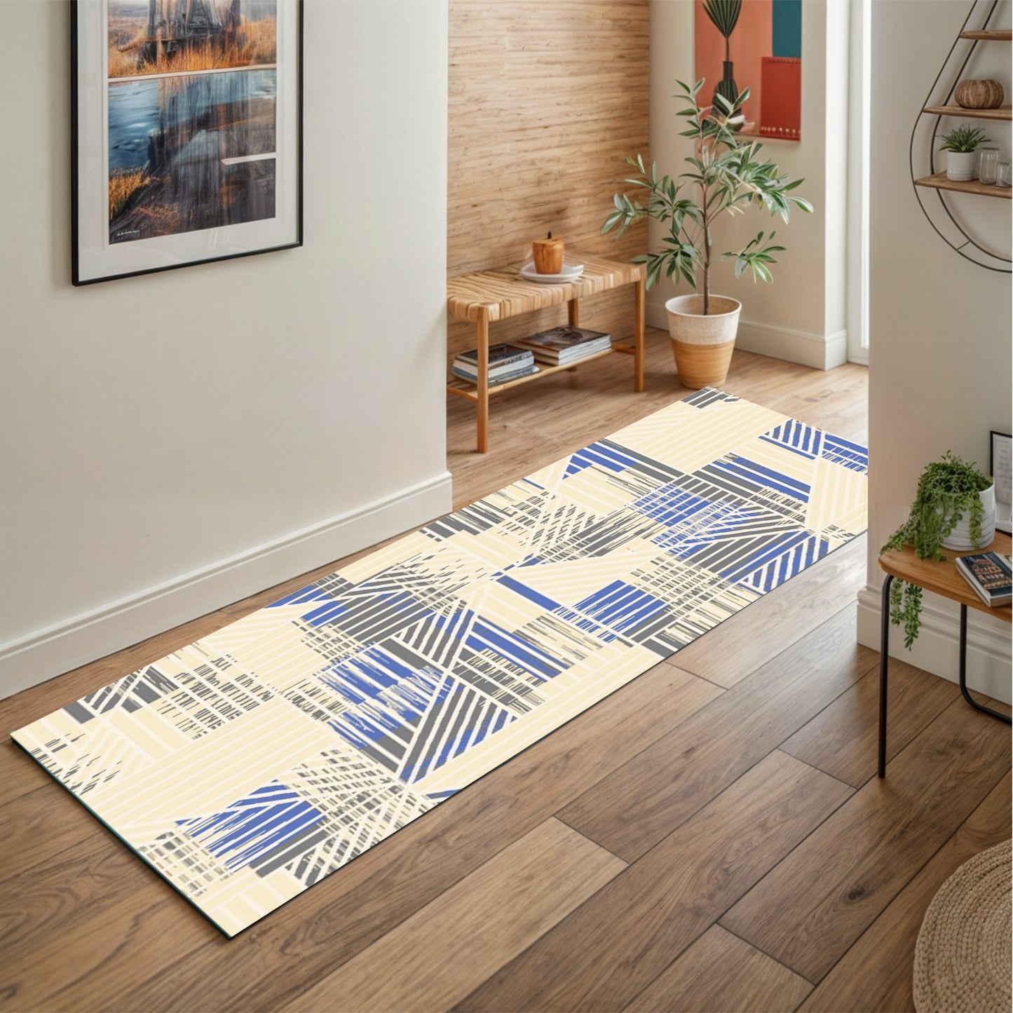 Modern Grey & Blue Runner - Art World Gallery
