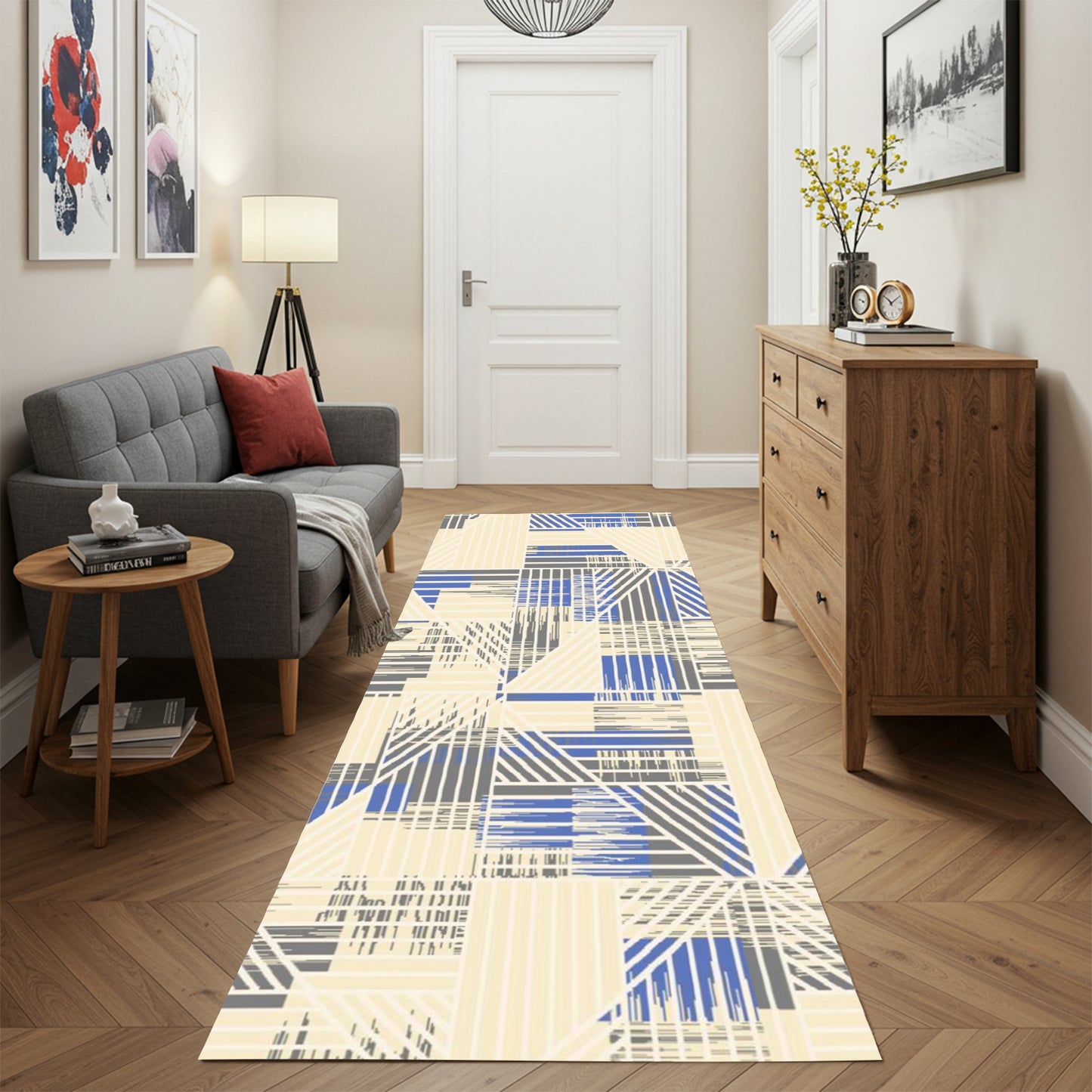 Modern Grey & Blue Runner - Art World Gallery