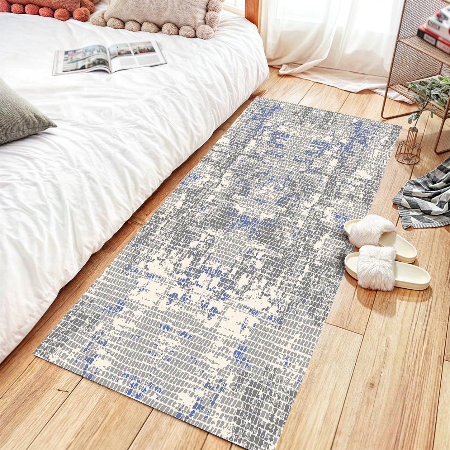 Modern Grey Runner with Navy Accents - Art World Gallery