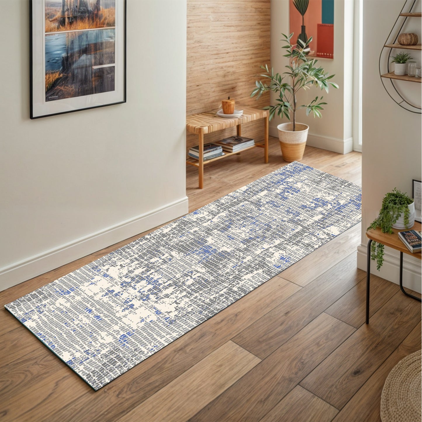 Modern Grey Runner with Navy Accents - Art World Gallery