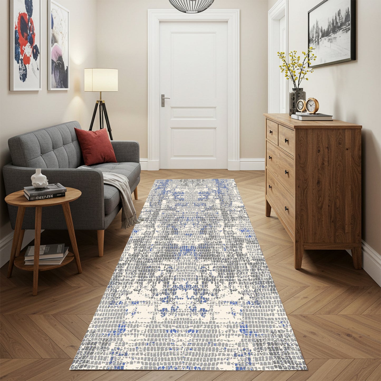 Modern Grey Runner with Navy Accents - Art World Gallery