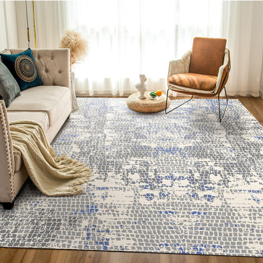 Modern Grey Rectangular Carpet with Navy Accents - Art World Gallery